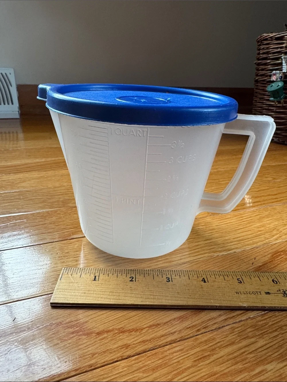Vintage Plastic Measuring Pitcher with Blue Lid Graduated Mixing Pitcher